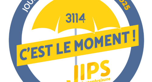 Badge officiel de la journée mondiale de prévention au suicide 2025 montrant un parapluie jaune avec le n°3114